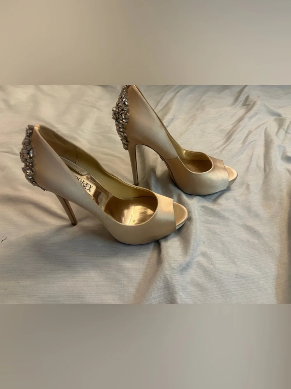 Badgley Mischka Kiara Embellished Peep-toe Pump Wedding Heel in Latte